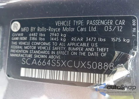 2012 Rolls-Royce Ghost z USA, uszkodzony, nr VIN SCA664S5XCUX50888